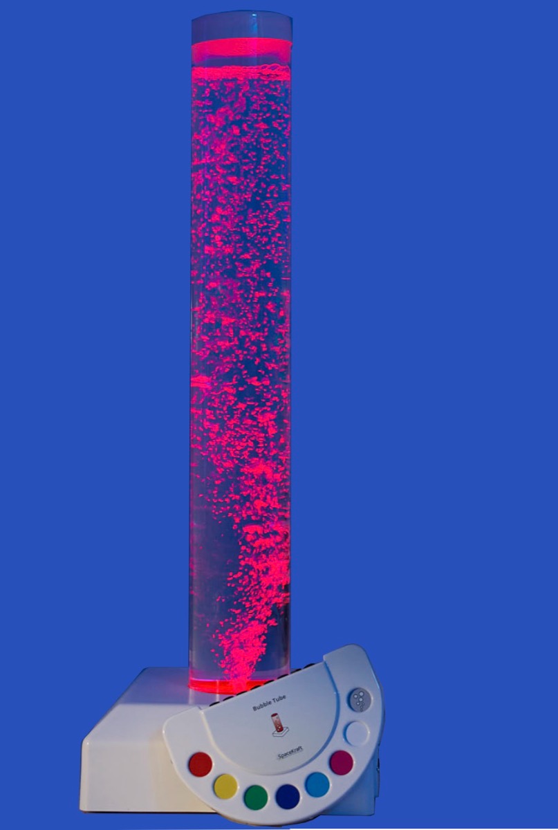 Interactive bubble tube shown with a coloured wireless switch controller